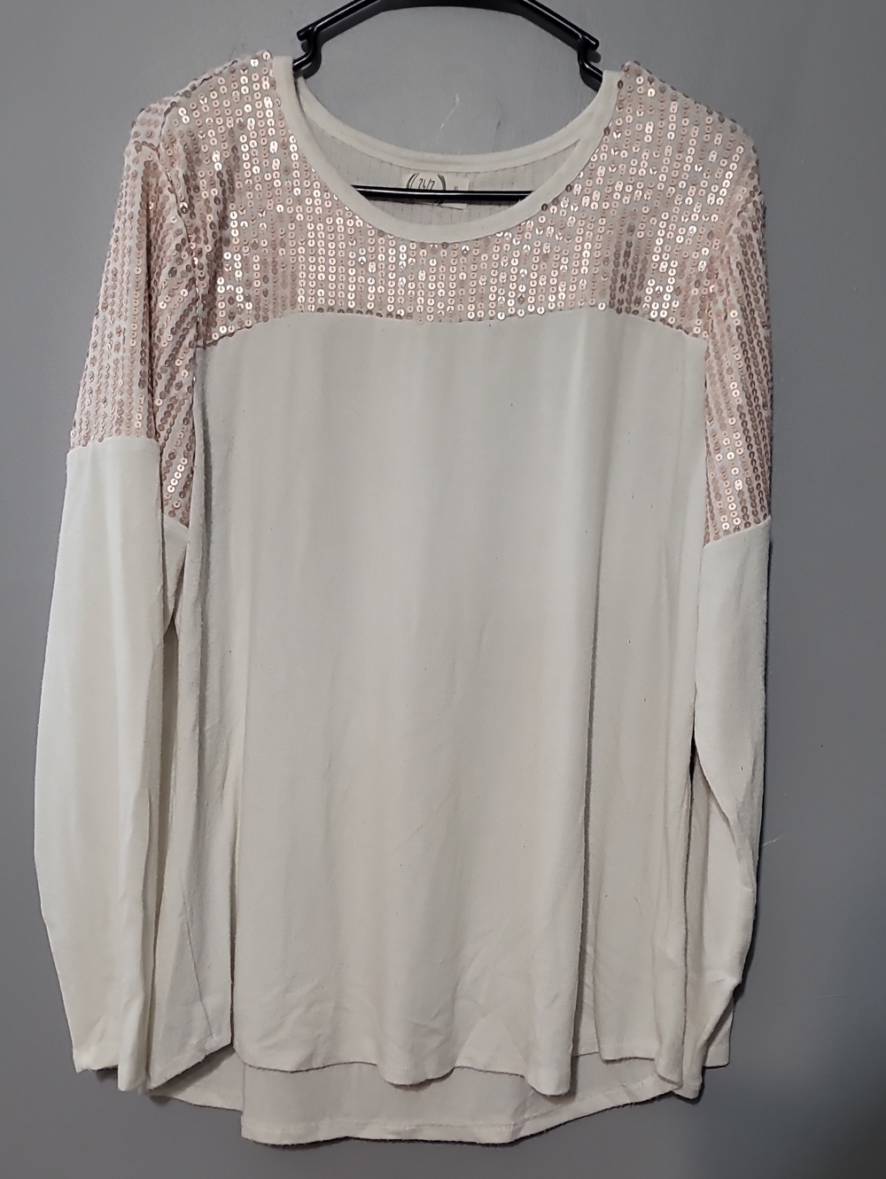 Women's Cream Long-Sleeve Sequin Yoke Pullover